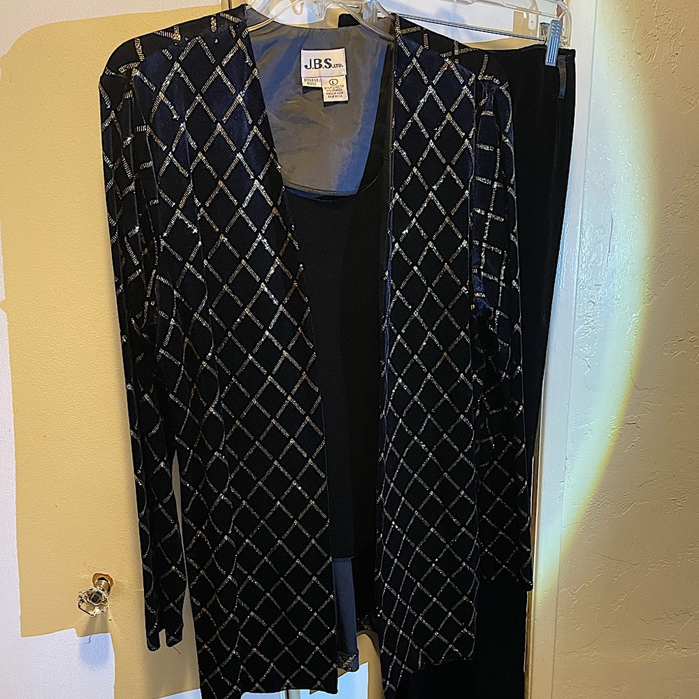 Black Velvet Hip Length Blazer with Gold Design + attached Velvet Camisole.